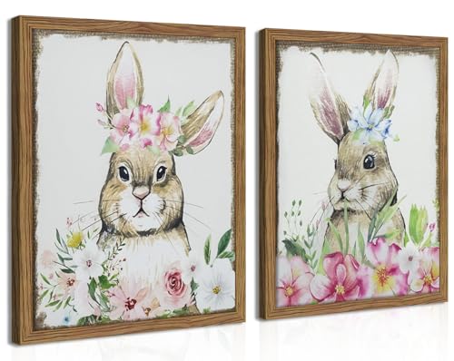 Framed Vintage Easter Wall Art Decor, Easter Bunny Picture Wall Decorations Set of 2, Spring Rustic Rabbit Poster Prints Painting for Kids Room Living Room Bedroom 16x24 Inch - color: Cute white rabbit, size: 24"L x 16"W