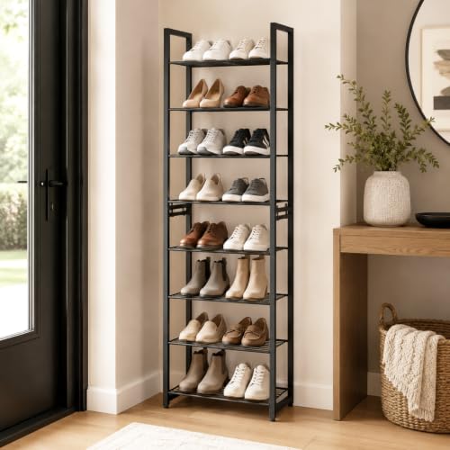 Stackable Shoe Rack, 8-Tier Metal Organizer Holds up to 16 Pairs, Tall Narrow Shoe Storage for Small Space Closet Hallway, Black - size: 8 Tier