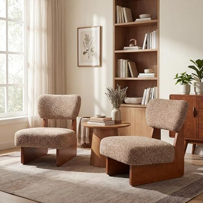 Christopher Knight Home Mores Low Profile Accent Chair Set of 2, Modern Living Room Armless Lounge Chair, Fabric Comfy Reading Chair for Bedroom, Wooden Frame and Thick Padded Seat, Walnut+Multi-Brown - color: Walnut+multi-brown