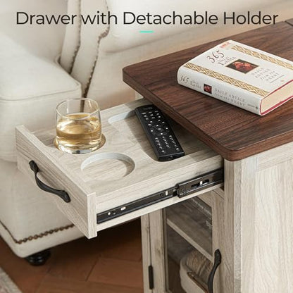 LINSY HOME End Table with Charging Station, Modern Farmhouse Wooden Side Table with Drawer, Detachable Holder, Extra Storage & Display Space, for Living Room and Bedroom, Glass Door, Washed Grey | Built-in Charging Station with USB & Outlet, Drawer Storag