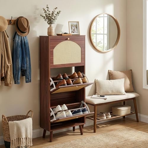 Karl home Brown Rattan Shoe Cabinet, 3-Tilt-Out Entryway Storage Organizer | Hidden Shoe Rack with 3 Tilt-Out Compartments for Heels, Slippers and Casual Shoes, Space Saving Entryway Furniture - color: Brown, size: 3-Tilt-Out