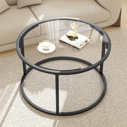 Round Coffee Table,Small Black Coffee Table for Living Room,27" Modern Center Table,Glass Top Clear Coffee Table with Sturdy Metal Frame for for Living Room Home Office, Easy Assembly,Black - color: Black, style: Round