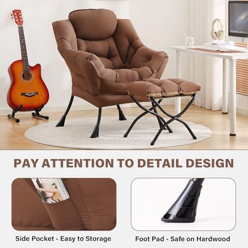 Lazy Chair with Ottoman, Comfy Reading Accent Chair, Brown | Foldable Footrest, Padded Seat and Backrest, Side Pocket for Lounging in Living Rooms, Bedrooms, Dorms and Small Spaces - color: Peach Skin Brown