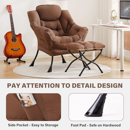 Lazy Chair with Ottoman, Comfy Reading Accent Chair, Brown | Foldable Footrest, Padded Seat and Backrest, Side Pocket for Lounging in Living Rooms, Bedrooms, Dorms and Small Spaces - color: Peach Skin Brown