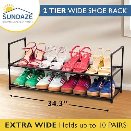 Sundaze Shoe Rack - 2 Tier Shoe Rack for Front Door Entrance, Sturdy Long Shoe Organizer for Closet, Bedroom, Entryway, Garage, Non Woven Fabric Shelf, Black, Holds Up to 10 Pairs - size: 2 Tier (34.3" W)