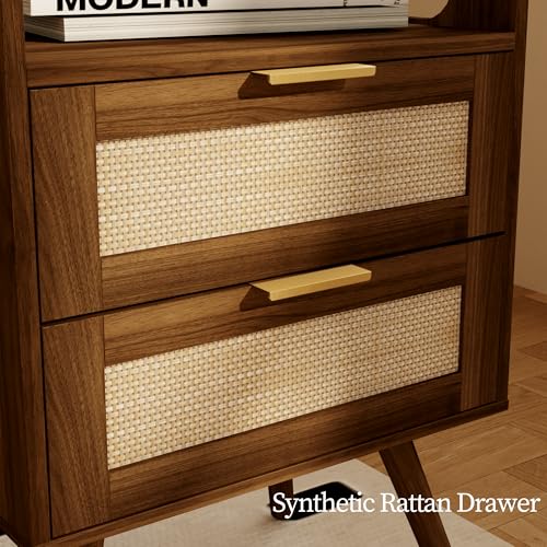 Rattan Nightstand with Charging Station,Farmhouse Bedside Table with 2 Storage Drawer and Open Wood Shelf, for Bedroom and Small Spaces,Night Stand with Solid Wood Legs (Walnut Brown-Outlet) - color: Walnut Brown-outlet