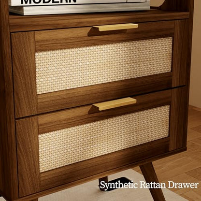 Rattan Nightstand,Farmhouse Bedside Table with 2 Storage Drawer and Open Wood Shelf, for Bedroom and Small Spaces,Night Stand with Solid Wood Legs (Walnut Brown) - color: Walnut Brown