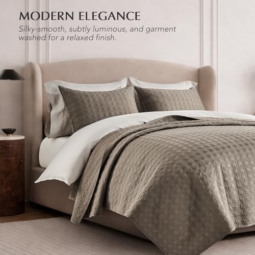 EVERGRACEHOME Cotton Sateen Windowpane Quilt Set King Size, Mocha Brown | 100% Cotton, Pre-Washed Soft Coverlet Bedspread, 3-Piece Lightweight Bedding Set for All Season, with 2 Pillow Shams - color: Mocha Brown - Windowpane, size: King (110" X 92")