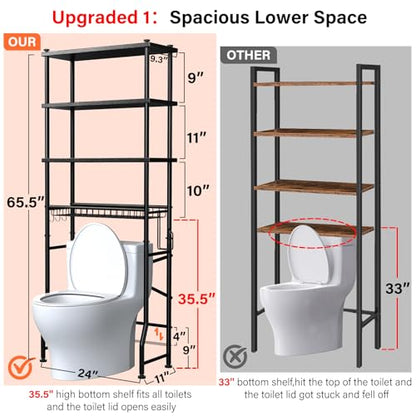 4-Tier Over-The-Toilet Storage Rack, Bathroom Organizer Shelf Over Toilet With Shelf Waterproof Feet Pad And Basket, Multifunctional Space Saver Bathroom Shelves Above Toilet for Room (Black) - color: Black