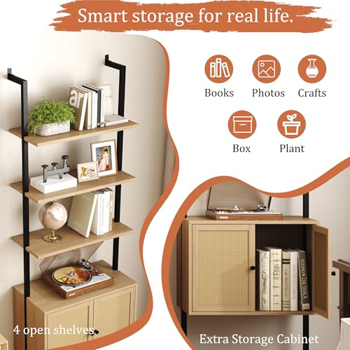 Yusong 73" Tall Bookshelf with Cabinet, Industrial Ladder Wall Mount Shelf Rattan Bookcase with Wood and Metal Frame, Plant Shelf Wall Storage Display for Living Room Bedroom,Light Ivory Brown - color: Light Brown