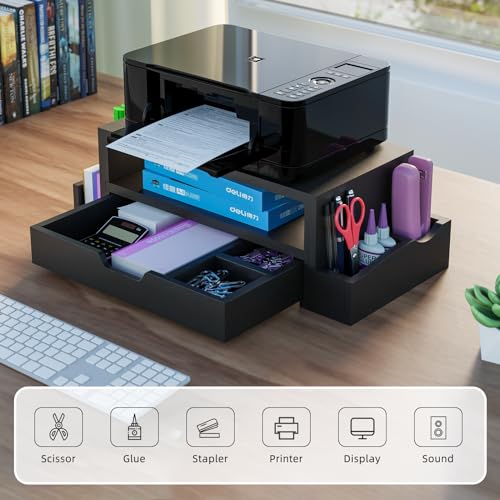 Simple Trending Wood Monitor Stand Riser, Desktop Oraganizer, Black | Desk Organizer and Accessories, Laptop & Printer Stand, Drawer & Pen Holder, for Home Office, 20.25"W x 9.25"D x 5.5"H - size: 20.25"W x 9.25"D x 5.5"H