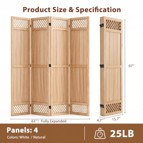 Wood Room Divider Privacy Screen, Natrual Carved Room Divider 4 Panel 67" | No-Assembly Required, Freestanding Indoor Folding Panel Decor for Bedroom, Office or Apartment - color: Natural, size: 4 Panel
