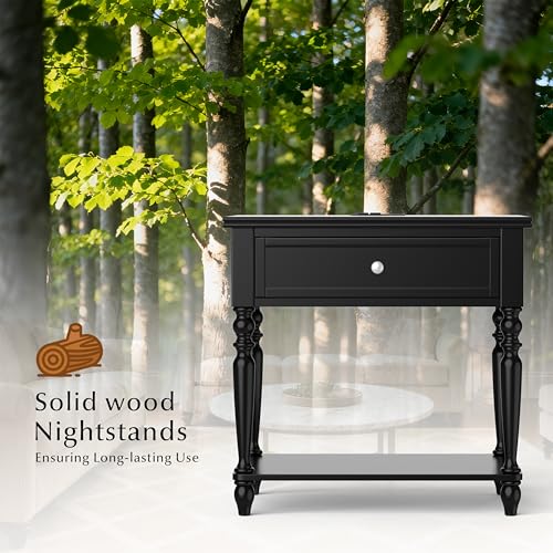 Solid Wood Nightstand with Charging Station, Traditional End Table with Drawers and Open Shelf, Bedside Table with Storage, Modern Side Table for Bedroom, Black - color: Black