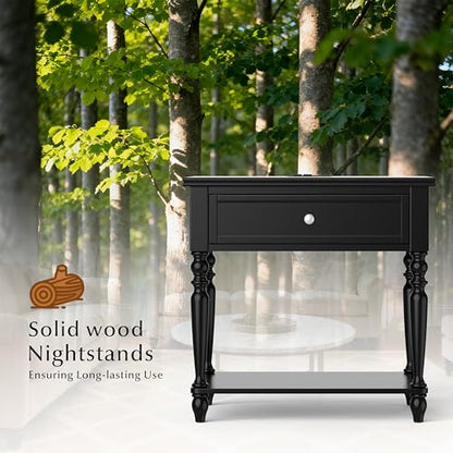 Solid Wood Nightstand with Charging Station, Traditional End Table with Drawers and Open Shelf, Bedside Table with Storage, Modern Side Table for Bedroom, Black - color: Black