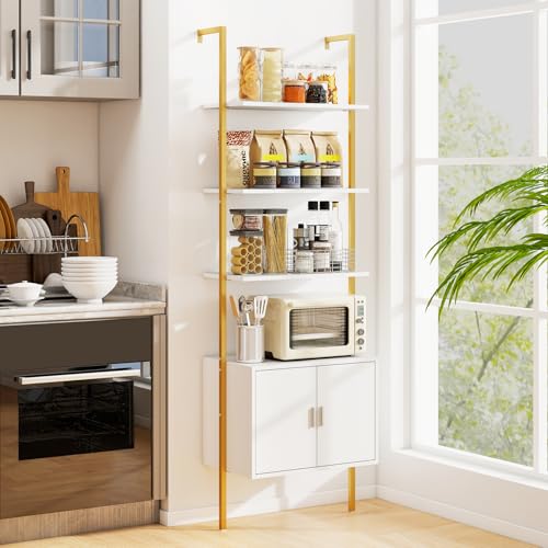 Giantex 5-Tier Wall-Mounted Ladder Shelf, 72.5" Tall Bookshelf w/ 2-Door Cabinet, Modern Style Kitchen Open Shelving Organizer, Heavy-Duty Metal Frame Display Rack for Living Room,White & Gold - color: White & Gold