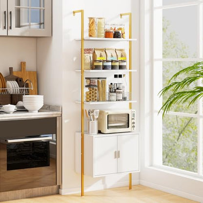Giantex 5-Tier Wall-Mounted Ladder Shelf, 72.5" Tall Bookshelf w/ 2-Door Cabinet, Modern Style Kitchen Open Shelving Organizer, Heavy-Duty Metal Frame Display Rack for Living Room,White & Gold - color: White & Gold