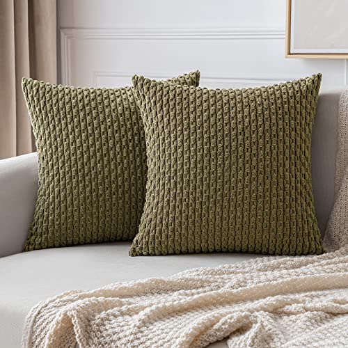 MIULEE Decorative Throw Pillow Covers 16x16 Olive Green Textured Corduroy | Pack of 2 Striped Pillow Covers Modern Farmhouse Coastal Home Decor for Couch Bed Sofa Living Room - color: Olive Green, size: 16" x 16" (Pack of 2)