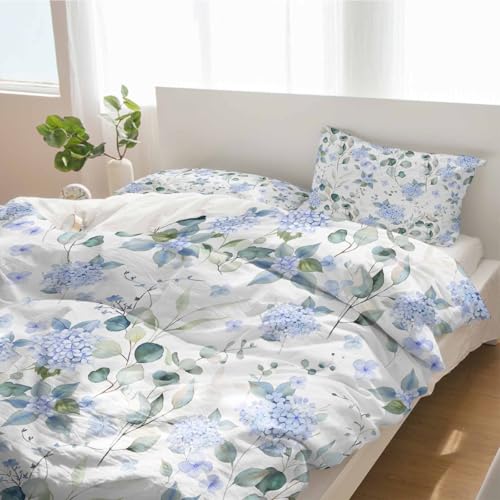 Duvet Cover Set Full, Blue Hydrangea Flower Leaves on White 3 Piece Bedding Set Breathable Quilt Cover Set, Farmhouse Floral Soft Microfiber Bed Set with Pillow Shams - size: Full