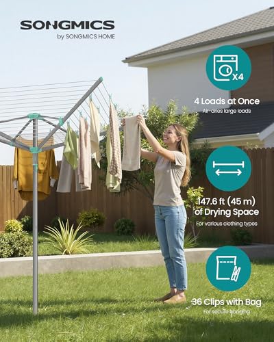 SONGMICS Umbrella Clothesline, Rotary Washing Line, Foldable Heavy-Duty Outdoor Clothes Drying Rack with Clips, Cover, Ground Anchor, 147.6 ft (45 m) Long for 4 Loads of Laundry, Silver ULLR306EZ01 - size: 54.8"D x 54.8"W x 71.7" H, style: Standard (Steel