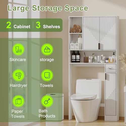 GOODONE White Over The Toilet Storage Cabinet - with 3 Doors and Toilet Paper Holder Stand, FreeStanding, for Bathroom, Restroom, Laundry - color: White