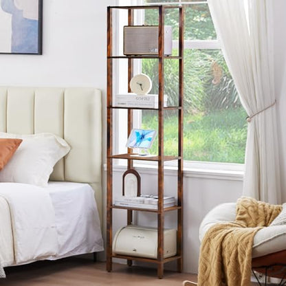YUFAM 6-Tier Tall Narrow Bookcase, Small Bookshelf for Small Space, Brown - color: Brown, size: 6-Tier