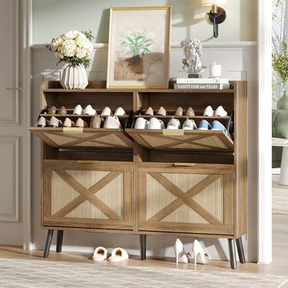 Maupvit Large Shoe Storage Cabinet with 4 Flip Drawers, Narrow Shoe Cabinet for Entryway with Wooden Legs, Freestanding Hidden Shoe Rack Organizer ＆ Metal Hinges, Rustic Oak Rattan - color: Rustic Oak Rattan, style: 4-Drawers
