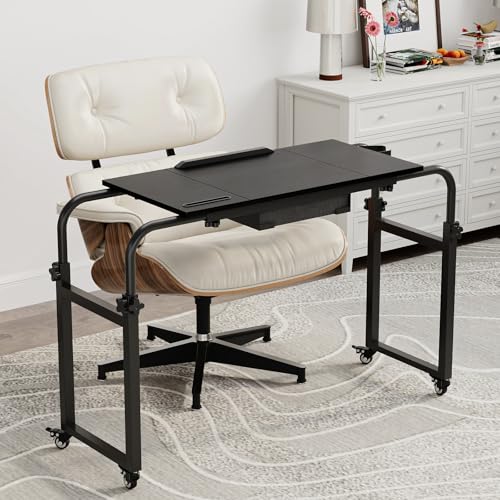 GiftGo Overbed Table with Wheels Rolling Laptop Desk Cart Over Recliner Wheelchair Table Adjustable for Hospital and Home Use Over The Bed Table with Storage Drawer and Cup Holder (Black) - color: Black