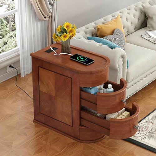 Narrow Solid Wood End Table with Charging Station, Brown | Vintage Slim Sofa Side Table & Nightstand, 2 Drawers, Compact Wood Storage, Fully Assembled - size: 2 Drawers