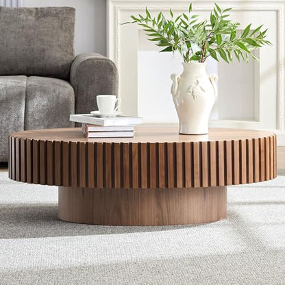 43.7'' Round Coffee Table for Living Room,Modern Handcraft Drum Coffee Table Wood Small Coffee Table with Sturdy Pedestal,Wanult - color: Walnut, size: 43.7"x24.8"x13.38"