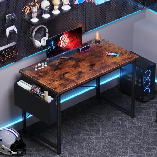 OLIXIS Computer Desk, 44 Inch Gaming Desks for Home Office Small Spaces | Writing Study Craft Work Table, Computer Workstation for Bedroom with Storage Bag, Rustic Brown - color: Brown Table Top &Black Legs, size: 44 Inch