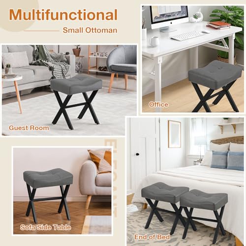 18-Inch Leather Vanity Stool Chair, Gray Makeup Stool | Vanity Bench, Metal X-Leg, 300 LBS, 16.3"x12.4"x18", Ottoman Accent Stool, Thick Padded Saddle Seat, For Living Room Bedroom - size: Small, style: Gray Leather