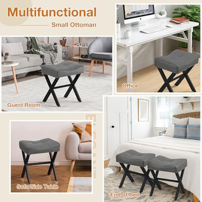 18-Inch Leather Vanity Stool Chair, Gray Makeup Stool | Vanity Bench, Metal X-Leg, 300 LBS, 16.3"x12.4"x18", Ottoman Accent Stool, Thick Padded Saddle Seat, For Living Room Bedroom - size: Small, style: Gray Leather