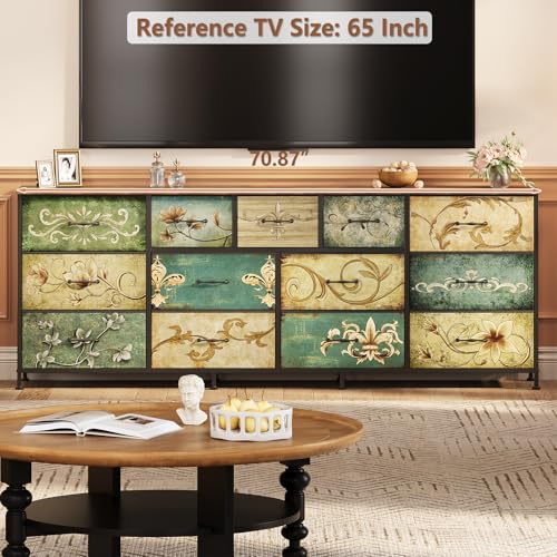 Dresser for Bedroom Chest of Drawers Fabric Dresser for Closet, Nursery Entryway Hall Tree TV Stand for Living Room Retro Floral Pattern Wooden Top (13 Drawers) - size: 13"D x 70.9"W x 26.8"H (13 Drawers)
