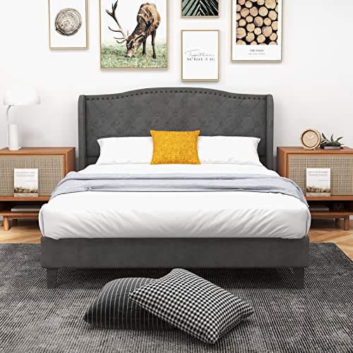 Upholstered Full Bed Frame w/Wood Slats & Noise-Free EVA Foam | Low Velvet Mattress Foundation, Button Tufted Wingback Headboard, No Box Spring Needed, Double Platform Bed Frame Full Size - size: Full