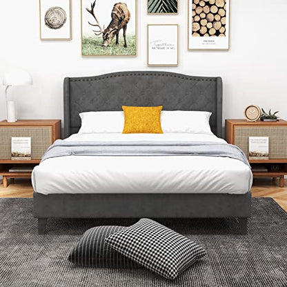 Upholstered Full Bed Frame w/Wood Slats & Noise-Free EVA Foam | Low Velvet Mattress Foundation, Button Tufted Wingback Headboard, No Box Spring Needed, Double Platform Bed Frame Full Size - size: Full