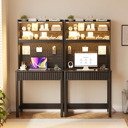 Lvifur Writing Desk with Power Outlet - Small Study Desk with LED Lights, Home Office Desk with Drawer & Hutch & Pegboard, Space Saving Study Table Work Station for Dorm, Living Room (Black) - color: Black86023