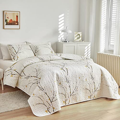 Quilt Set King Size Cream White with Black Branch Bedding Set 88x88 Soft Microfiber Lightweight Coverlet Bedspread Summer 3 Pc Bed Cover for (1 Quilt+ 2 Shams) - color: Cream, size: King(102x88)