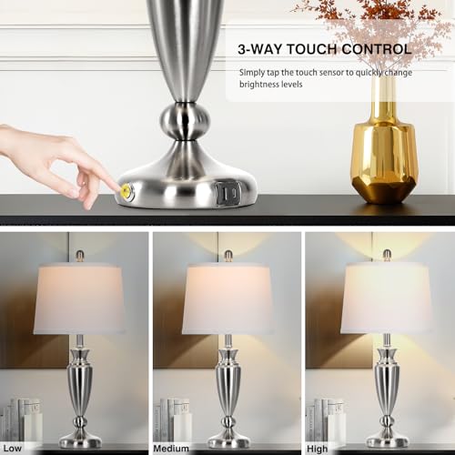 Rinweey 27" Silver Table Lamps for Living Room Single, 3 Way Touch Control Bedside Lamps with USB A+C Ports, Modern Brushed Nickel Bedroom Lamp, Metal Tall Lamp for Nightstand Desk Side Table Office - color: Silver-27"H-1PK