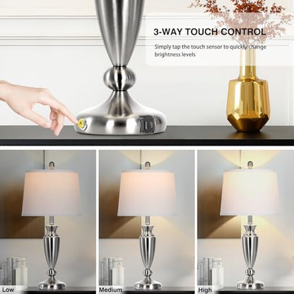 Rinweey 27" Silver Table Lamps for Living Room Single, 3 Way Touch Control Bedside Lamps with USB A+C Ports, Modern Brushed Nickel Bedroom Lamp, Metal Tall Lamp for Nightstand Desk Side Table Office - color: Silver-27"H-1PK