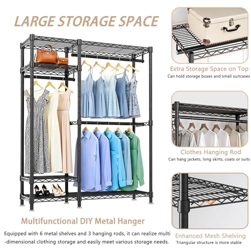 Heavy Duty Garment Rack with Shelves, Black | Heavy Duty Clothes Rack with 3 Hanging Rods & 6 Shelves, Freestanding Adjustable Garment Rack for Bedroom - size: 44.88''W×17.13D''×76.38''H