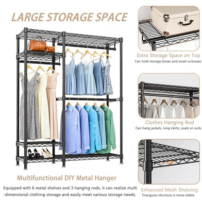 Heavy Duty Garment Rack with Shelves, Black | Heavy Duty Clothes Rack with 3 Hanging Rods & 6 Shelves, Freestanding Adjustable Garment Rack for Bedroom - size: 44.88''W×17.13D''×76.38''H