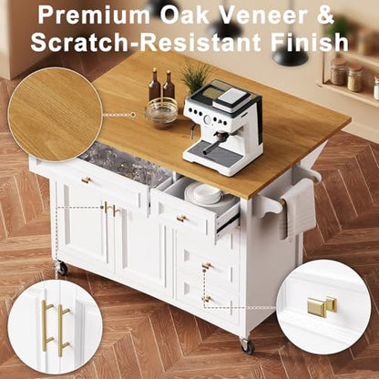 52" Kitchen Island with Storage, Wheels & Drop Leaf, Adjustable Shelf | Oak Top, White Retro Kitchen Cart on Casters, 2 Cabinets, 5 Drawers, Spice Rack, Towel Bar, Durable, Easy Assembly - color: White