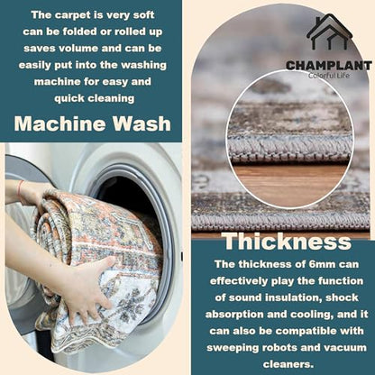 CHAMPLANT Washable Area Rug 8'x10' Blue Khaki Retro Boho Design Non-Shedding Non-Slip Easy Care Ideal for High Traffic Areas in Living Room Bedroom Office Coffee Table Kitchen Large Carpet - color: Blue Khaki, size: 8' x 10' (Rectangular)