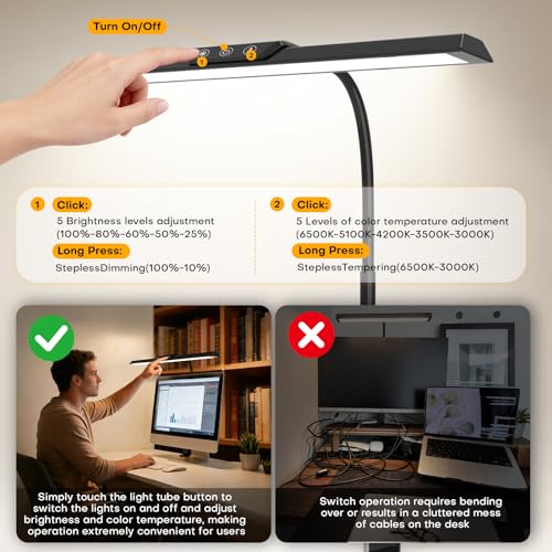LED Desk Lamp with Clamp, Stepless Dimming Flicker-Free for Home Office | Architect Lamp, DC Adapter, 25 Modes, 12.8in Flexible Gooseneck, Eye-Friendly for Workbench & Reading - color: Black