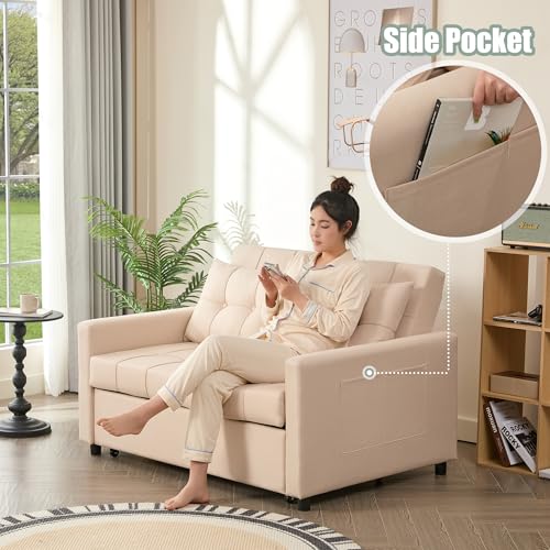 GOSUHI 52" 3-in-1 Convertible Sleeper Sofa Bed, Linen, Beige | Pull-Out Bed, Stepless Adjustable Backrest, Side Pocket, Compact Loveseat, Living Room, Dorm & Apartment - color: Beige