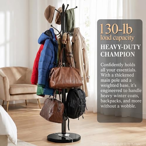 Kertnic Freestanding Coat Rack Stand, Heavy Duty Metal Hall Tree with 12 Hooks, 70 Inch Tall Stable Coat Hanger with 14.6" Natural Marble Base, Entryway Organizer for Coats Bags Hats Purses (Black) - color: Black