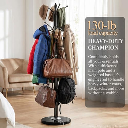 Kertnic Freestanding Coat Rack Stand, Heavy Duty Metal Hall Tree with 12 Hooks, 70 Inch Tall Stable Coat Hanger with 14.6" Natural Marble Base, Entryway Organizer for Coats Bags Hats Purses (Black) - color: Black