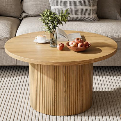 MAISONARIA Round Coffee Table with Metal Frame, 35.4" Coffee Tables for Living Room, Circle Wood Accent Center Table for Apartment, Oak - color: Nature