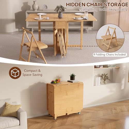 Folding Dining Table with Chairs, Bamboo Drop Leaf Foldable Tables for Small Spaces,Extendable Collapsible Dinette Table with Drawers and Wheels for Living Room Kitchen Apartment,No Assembly (Wood）