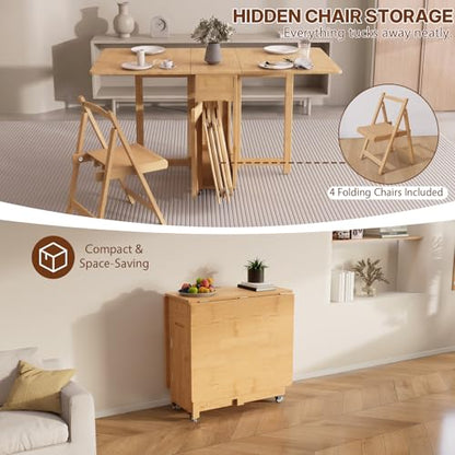 Folding Dining Table with Chairs, Bamboo Drop Leaf Foldable Tables for Small Spaces,Extendable Collapsible Dinette Table with Drawers and Wheels for Living Room Kitchen Apartment,No Assembly (Wood）